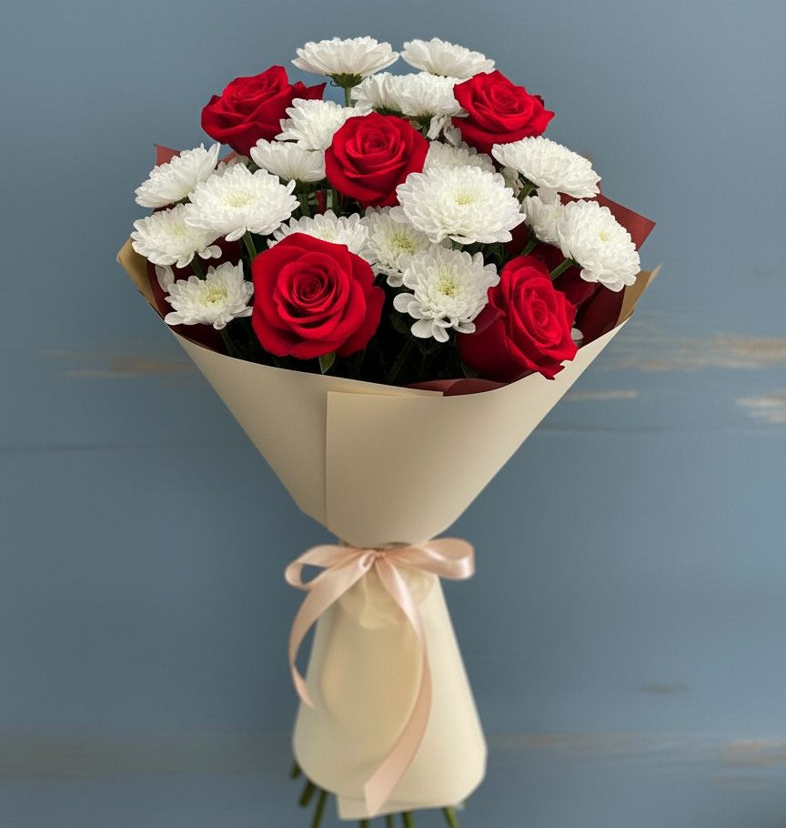 Букет цветов из: Розы и Хризантемы в Приморске Ленинградской области