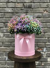 Цветочная композиция из Гипсофила и Розы в шляпной коробке в Приморске Ленинградской области