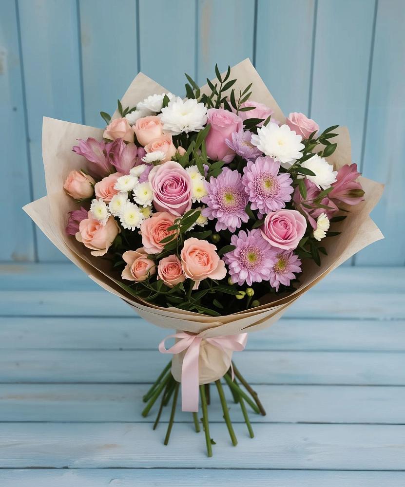 Букет цветов из: Хризантемы, Розы и Альстромерии в Приморске Ленинградской области