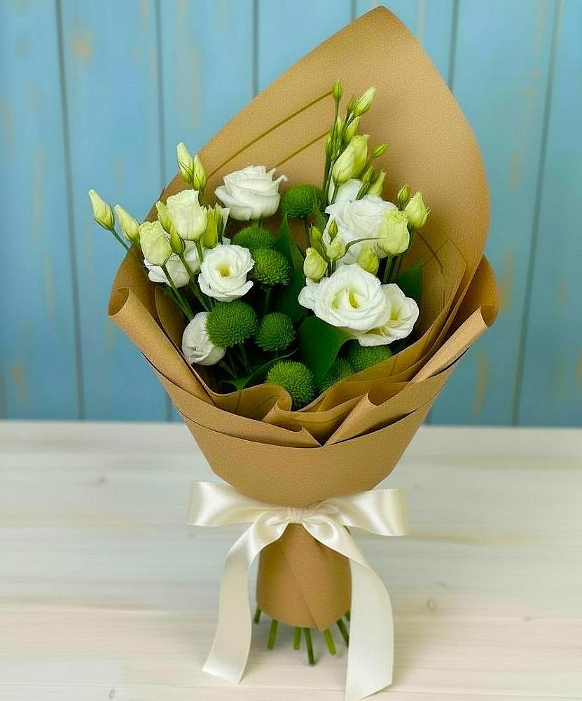 Букет цветов из: Хризантемы и Лизиантусы в Приморске Ленинградской области