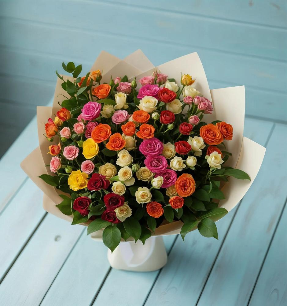 Букет Микс из разноцветных кустовых роз в Приморске Ленинградской области