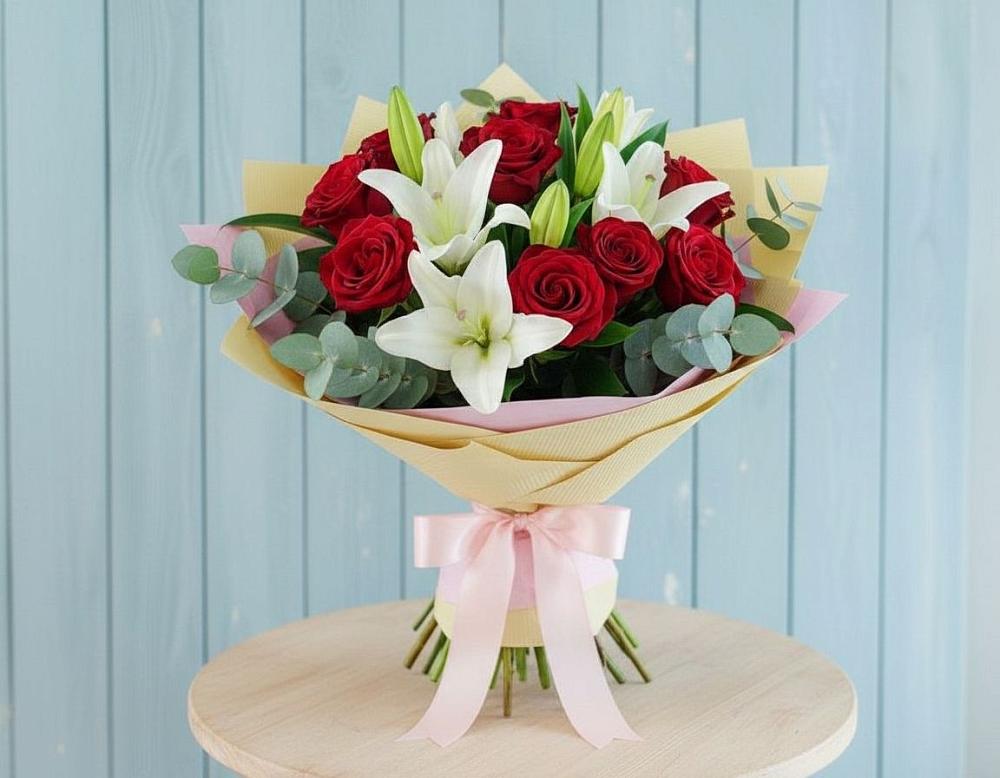 Букет цветов из: Лилии и Розы в Приморске Ленинградской области