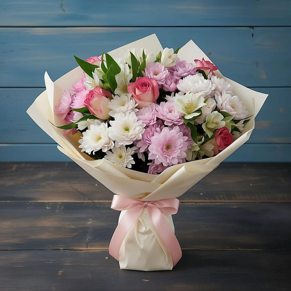 Букет цветов из: Хризантемы, Альстромерии и Розы в Приморске Ленинградской области